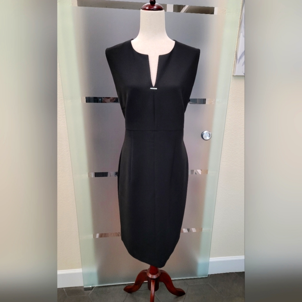 Hugo Boss Black Sleeveless Midi Sheath Dress with Plunge Neckline size 12